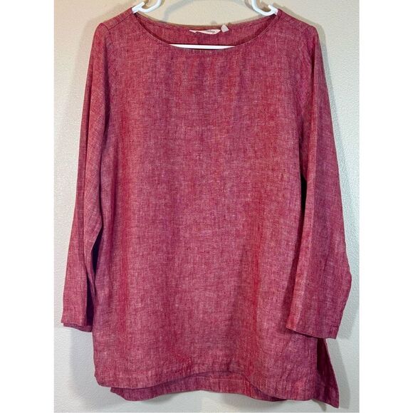 Soft Surroundings Red 100% Linen Long Sleeve Tunic Boating Blouse Top Petite M - Picture 1 of 9